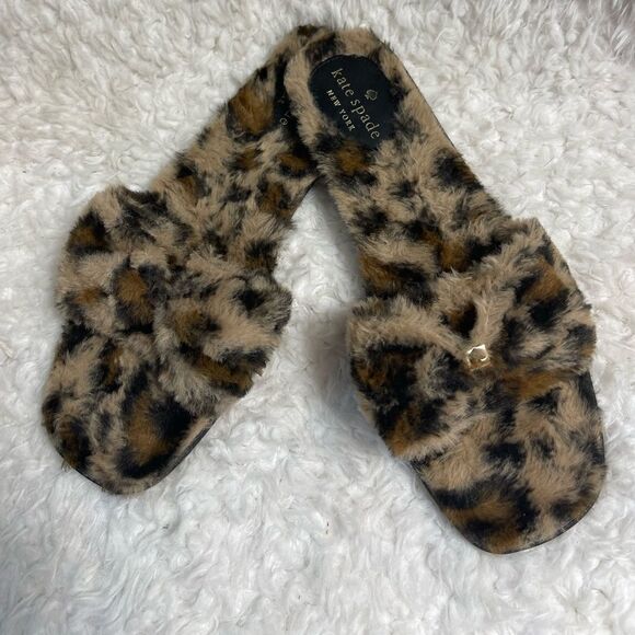 Kate Spade Sandy leopard print faux fur slippers with gold tone accent size 10B - Picture 4 of 10